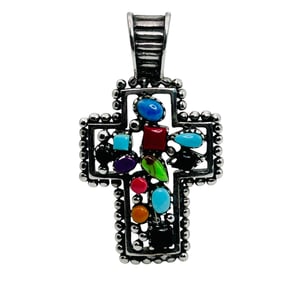 Southwest Multi Gemstone Sterling Cross Pendant 5.55 G