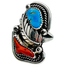 Navajo Signed PJ Sterling, Turquoise And Coral Ring Size 8, 11.87 G