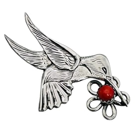 Navajo Signed TG Coral Sterling Bird PIN 4.48 G