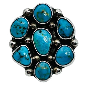 Signed PR Navajo Sterling Cluster Turquoise Ring Size 6, 10.92 G