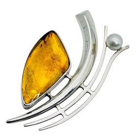 Amber And Pearl Signed Modern Pendant 12.93 G