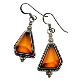 Amber Sterling Geometric Dangle Earrings 6.37g