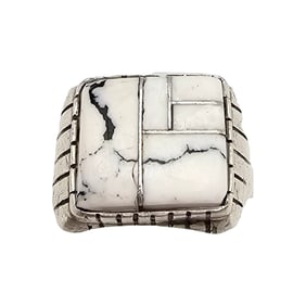 R White Buffalo Turquoise Sterling Silver Inlay Ring Size 7.75 10.6 G