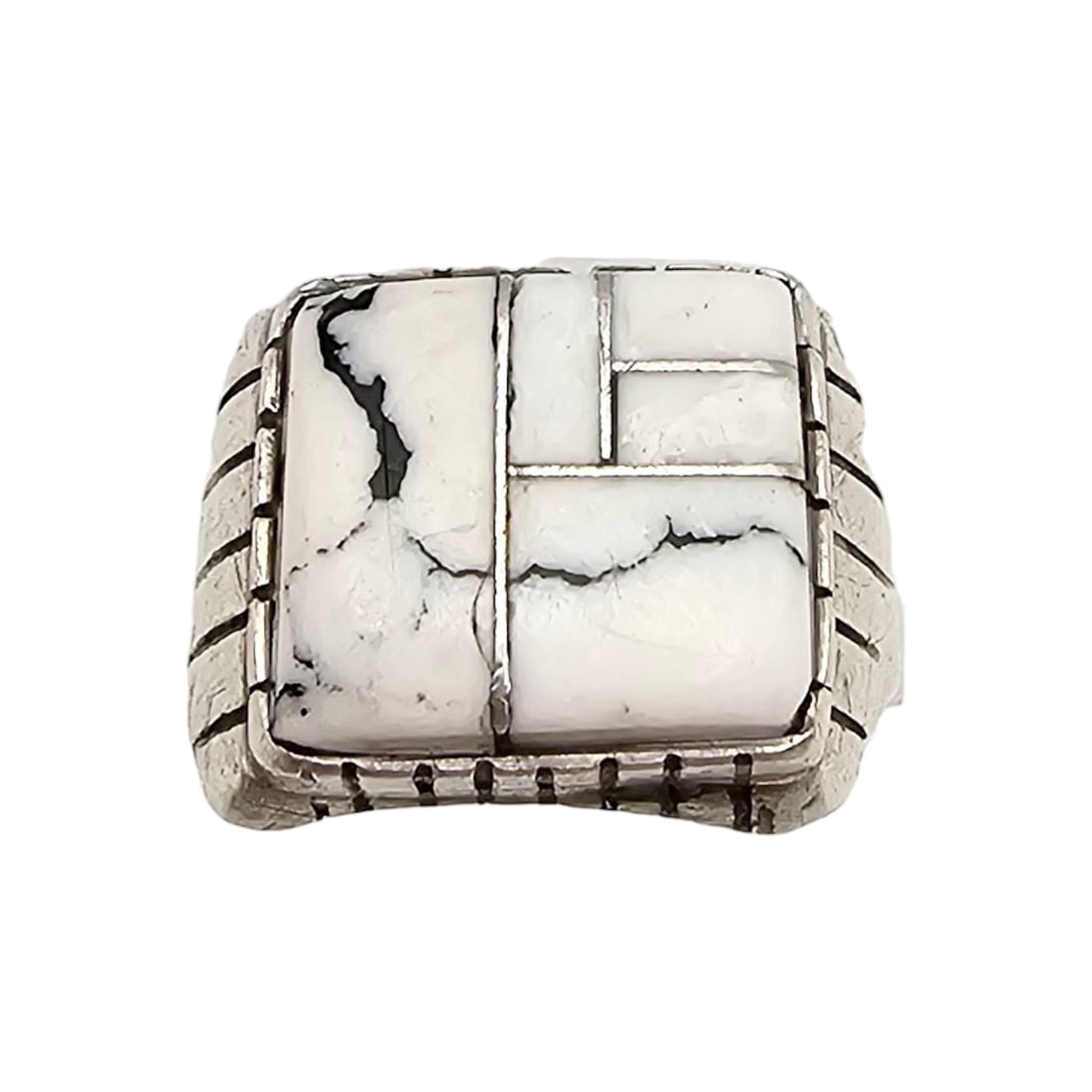 R White Buffalo Turquoise Sterling Silver Inlay Ring Size 7.75 10.6 G