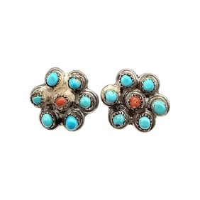 Navajo Turquoise Coral Sterling Silver Snake Eye Earrings 2.2 G