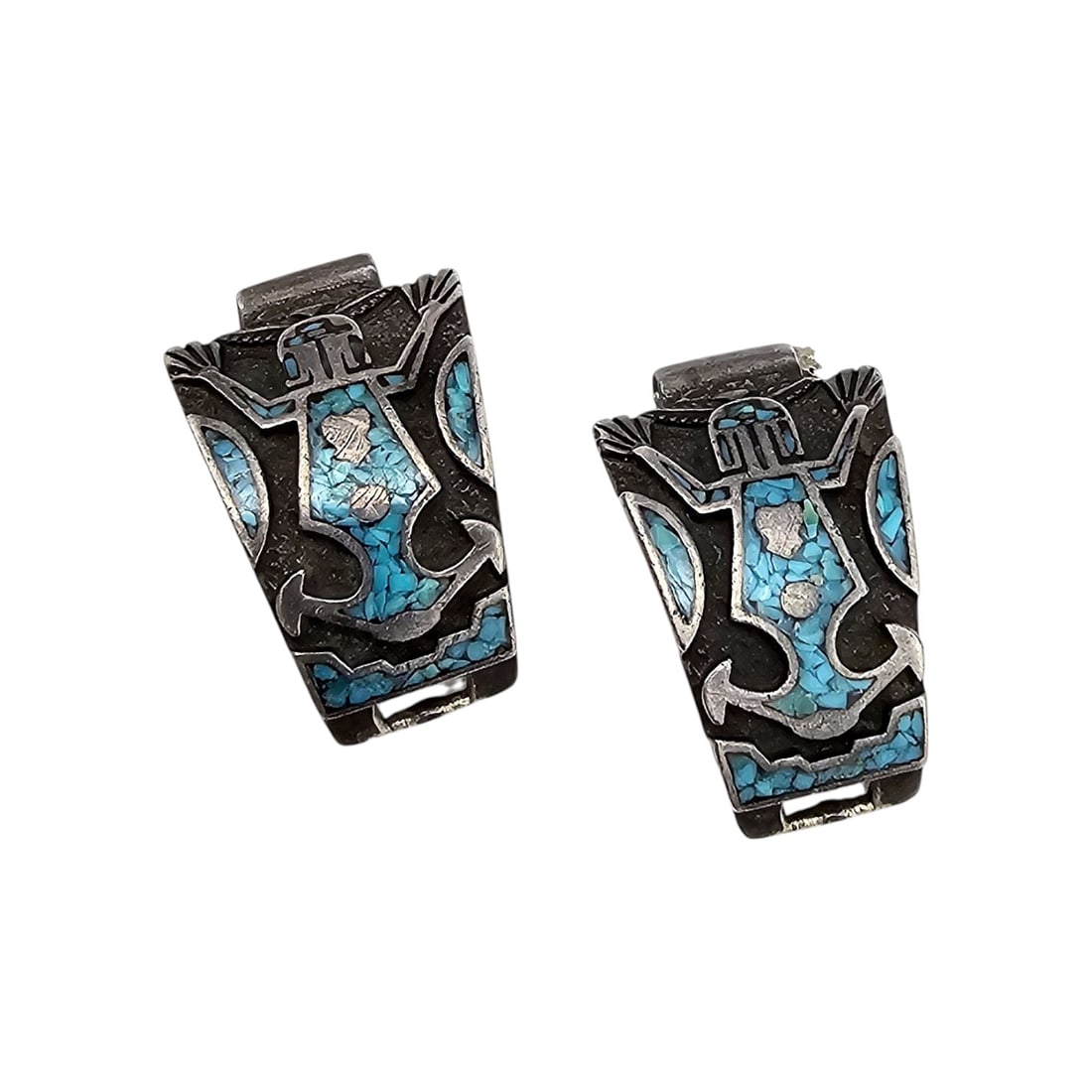 Signed Crushed Turquoise Sterling Silver Frog Watch Nibs 11.8 G: Signed with A Wolf Head Crushed Turquoise Sterling Silver Frog Watch Nibs 11.8 G