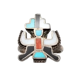 Zuni Mother Of Pearl Turquoise Coral Onyx Sterling Silver Kachina Ring Size 7.25 3.7 G