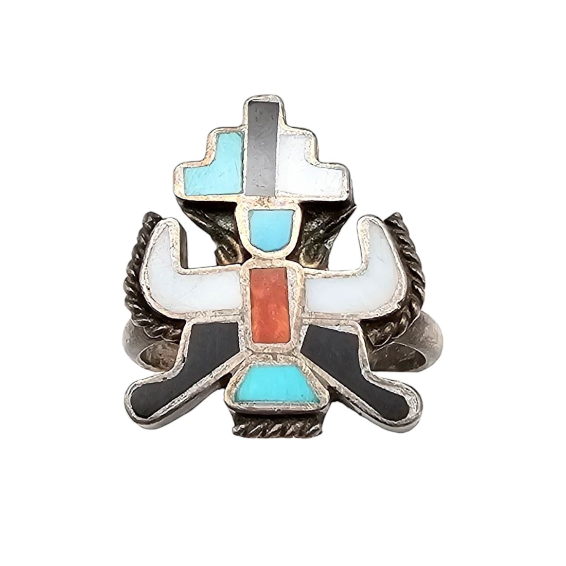 Zuni Mother Of Pearl Turquoise Coral Onyx Sterling Silver Kachina Ring Size 7.25 3.7 G (1 of 4)