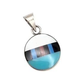 Navajo Turquoise Mother Of Pearl Coral Onyx Sterling Silver Pendant 3.5 G