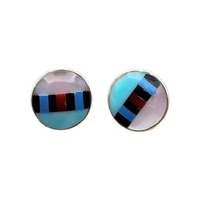 Navajo Turquoise Multi Stone Sterling Silver Inlay Earrings 2.7 G