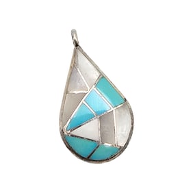 Lorrie & Marcie Kallestew Mother Of Pearl Turquoise Sterling Silver Inlay Spider Web Pendant 4.1 G