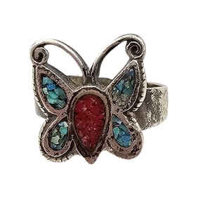 Navajo Crushed Turquoise Coral Sterling Silver Butterfly Ring Size 6 4.4 G