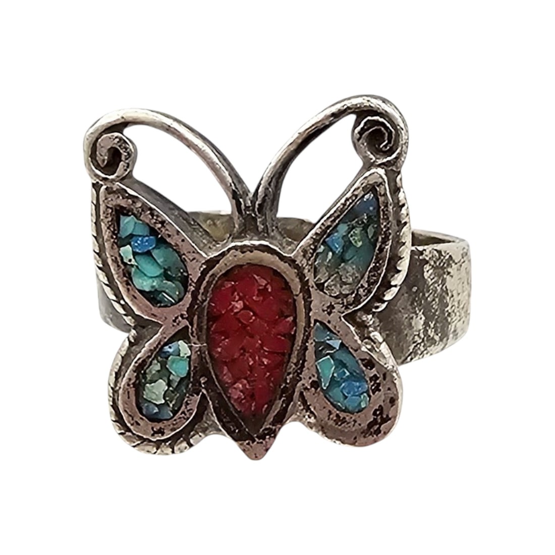 Navajo Crushed Turquoise Coral Sterling Silver Butterfly Ring Size 6 4.4 G: Navajo Crushed Turquoise Coral Sterling Silver Butterfly Ring Size 6 4.4 G as is band open on one side