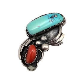 Navajo Turquoise Coral Sterling Silver Pendant 16.5 G