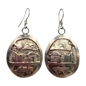 A. Singer Native Sterling Silver Southwestern Scene Dangle Earrings 7.4 G