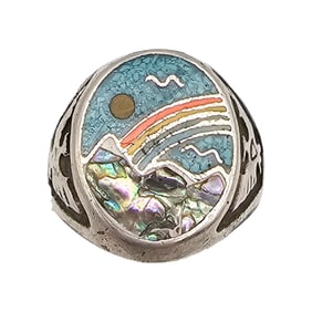 Native Multi Stone Sterling Silver Rainbow Scene Thunderbird Ring Size 10 7.9 G