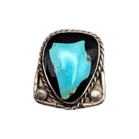 Native Turquoise Onyx Sterling Silver Ring Size 9.25 6.6 G