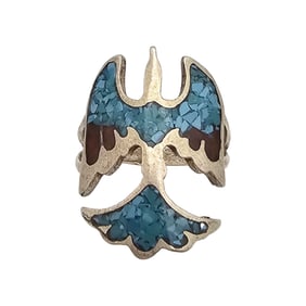 Native Crushed Coral Turquoise Sterling Silver Bird Ring Size 6 3.9 G