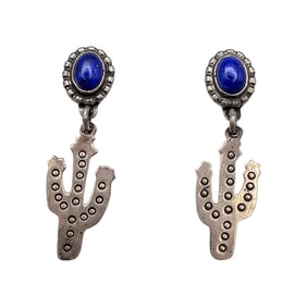 Native Lapis Southwestern Sterling Silver Cactus Dangle Earrings 4.5 G
