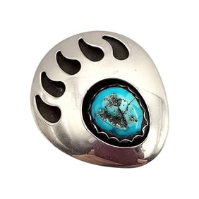 Signed Native Turquoise Sterling Silver Bear Paw Pendant 4.9 G