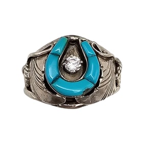 Native Turquoise Clear Stone Sterling Silver Horseshoe Ring Size 13.75 9 G