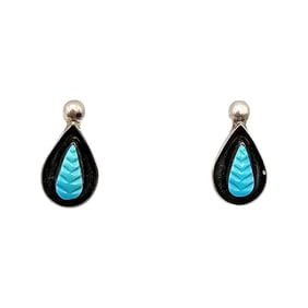 Native Carved Turquoise Sterling Silver Earrings 1.5 G