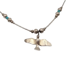 Native Turquoise Sterling Liquid Silver Bird Necklace 6.1 G