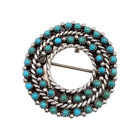 ECI Native Turquoise Sterling Silver Snake Eye Wreath Brooch 5.3 G