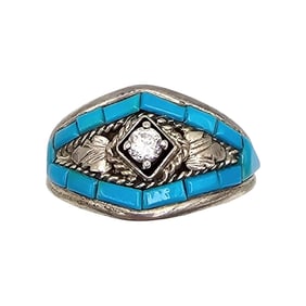 S. Ray Turquoise Clear Stone Sterling Silver Two-Tone Ring Size 15.25 7.1 G
