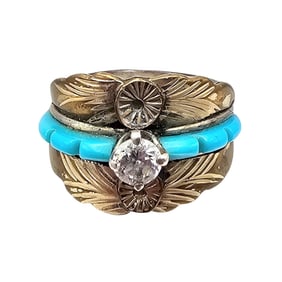 S. Ray Turquoise Clear Stone Sterling Silver Two-Tone Ring Size 4.75 4.6 G
