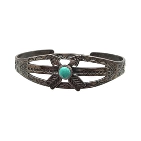 Southwestern Turquoise Sterling Silver Arrows Cuff Bracelet 6.9 G