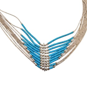 Southwestern Turquoise Sterling Liquid Silver Multi Strand Necklace 15.7 G