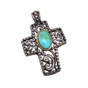 Southwestern Turquoise Sterling Silver Cross Pendant 7.9 G