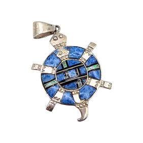 Southwestern Sodalite Onyx Opal Sterling Silver Turtle Pendant 4.1 G