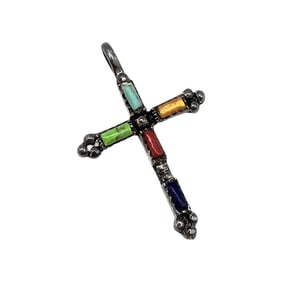 Southwestern Tiger's Eye Coral Turquoise Needlepoint Sterling Silver Cross Pendant 1.8 G