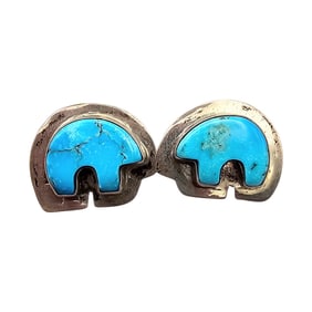 Southwestern Turquoise Sterling Silver Fetish Bear Earrings 5.3 G