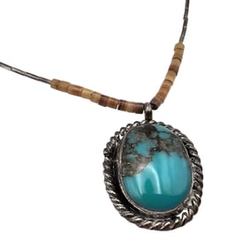Southwestern Turquoise Heishi Sterling Liquid Silver Necklace 8.2 G