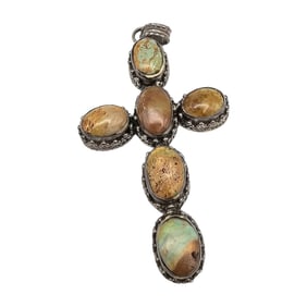 Southwestern Amulet Stone Sterling Silver Cross Pendant 40 G