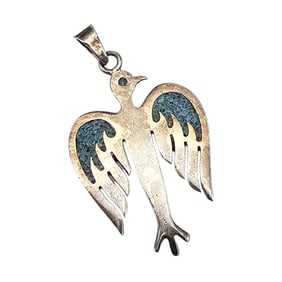 Mexico Crushed Turquoise Sterling Silver Bird Pendant 3.6 G