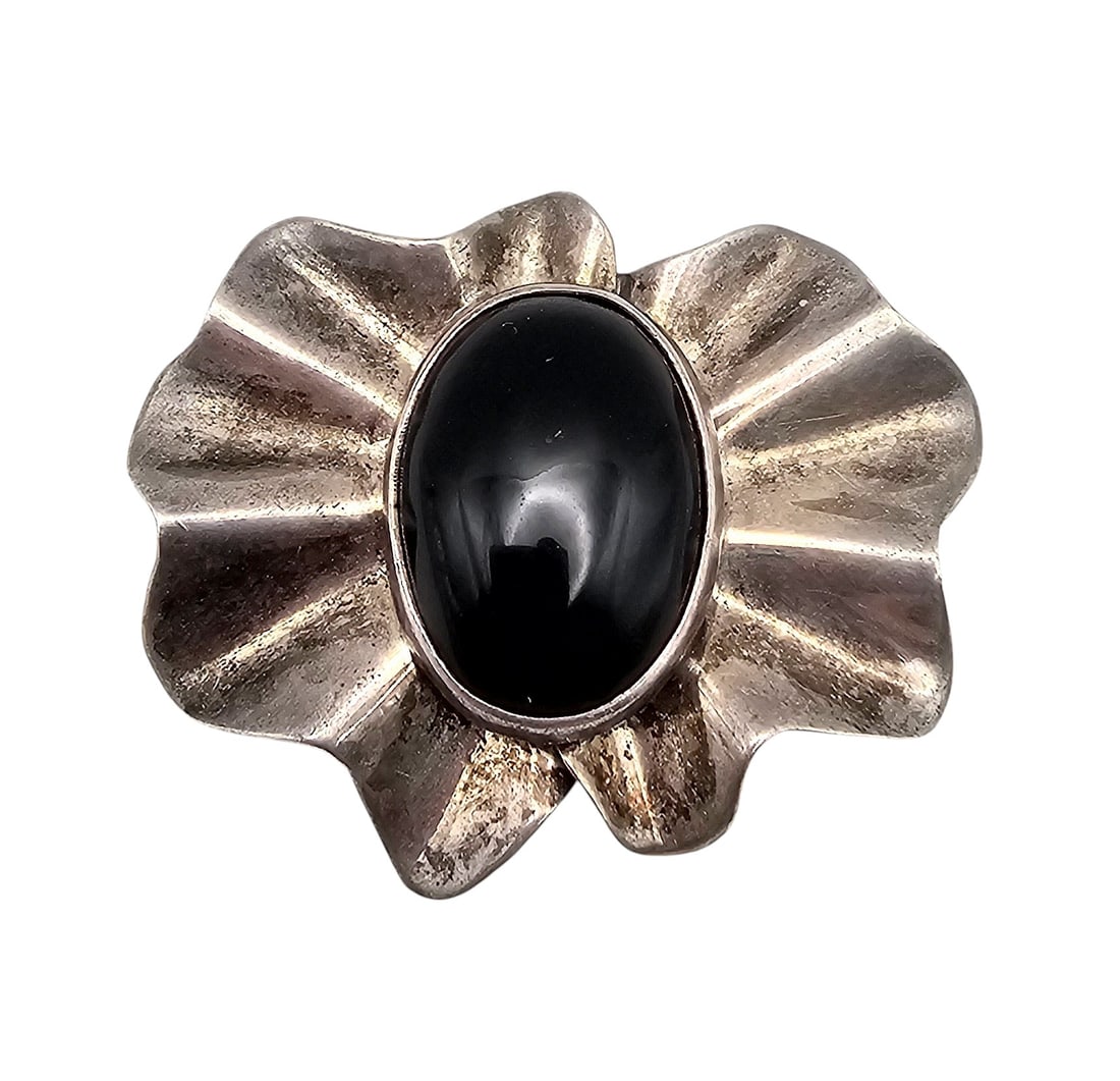 CII Mexico Onyx Sterling Silver Ruffled Brooch 17.1 G: CII Mexico Onyx Sterling Silver Ruffled Brooch 17.1 G