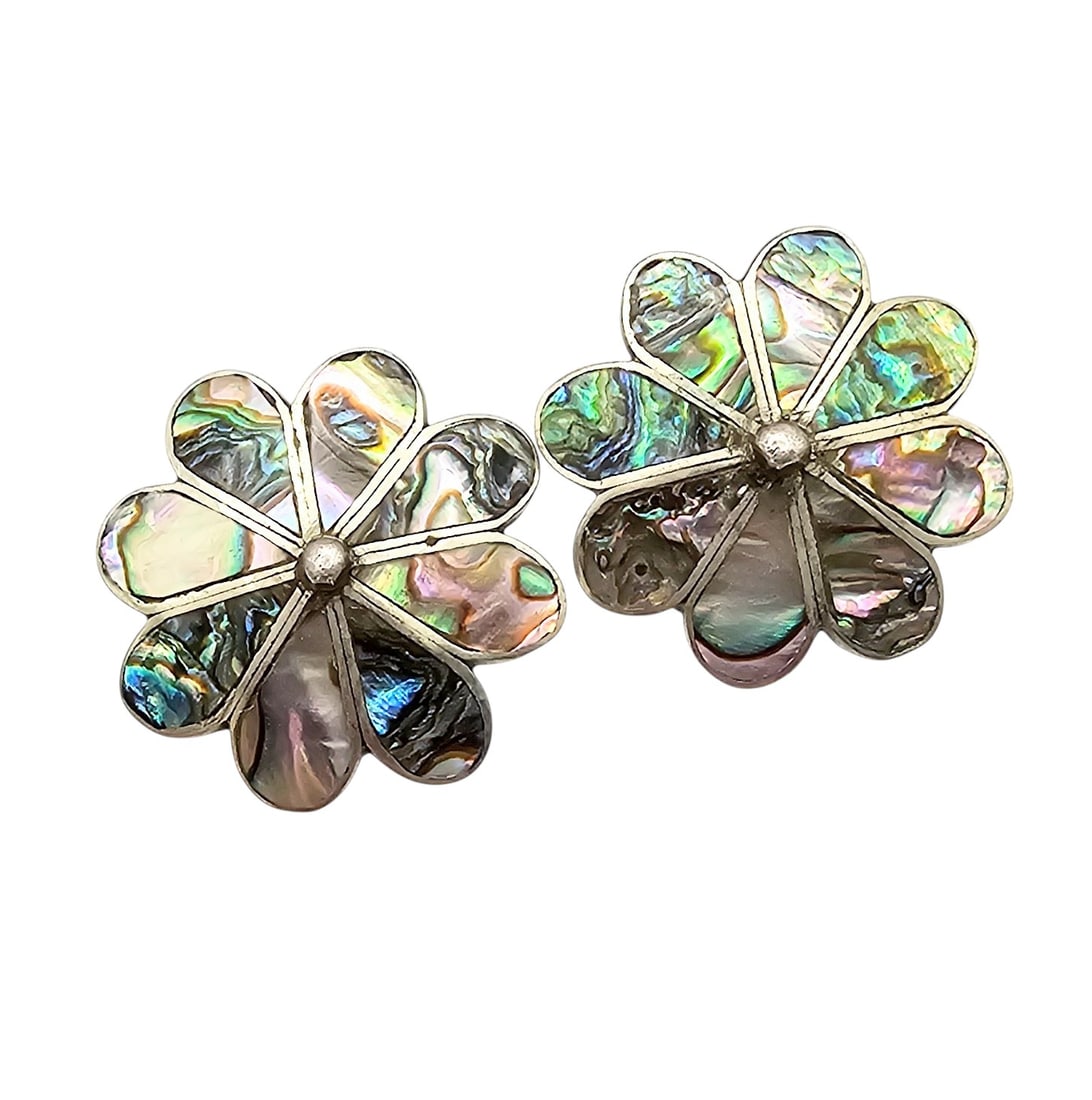 Mexico Alpaca Abalone Flower Earrings 10.9 G (1 of 4)