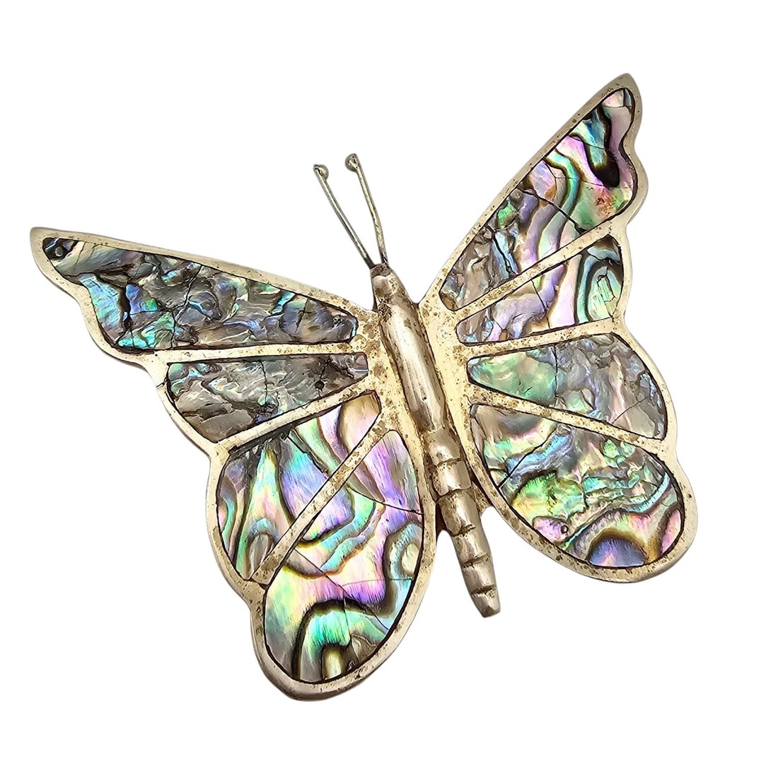 Signed Mexico Alpaca Abalone Butterfly Brooch 12.5 G: Signed Mexico Alpaca Abalone Butterfly Brooch 12.5 G, as-is, crack shown in photos