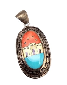 Southwestern Style Turquoise Mother Of Pearl Abalone Sterling Silver Inlay Adobe Scene Pendant 10.7