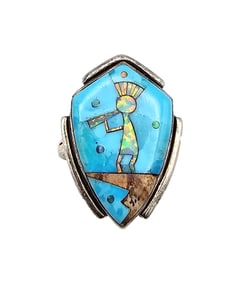 T Jasper Southwestern Style Turquoise Opal Sterling Silver Kokopelli Ring Size 6.75 4.4 G