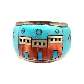 Southwestern Style Spiny Oyster Opal Turquoise Onyx Sterling Silver Inlay Adobe Hose Scene Ring Size