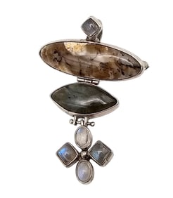 50M'S Agate Moonstone Labradorite Sterling Silver Hinge Pendant 17.3 G