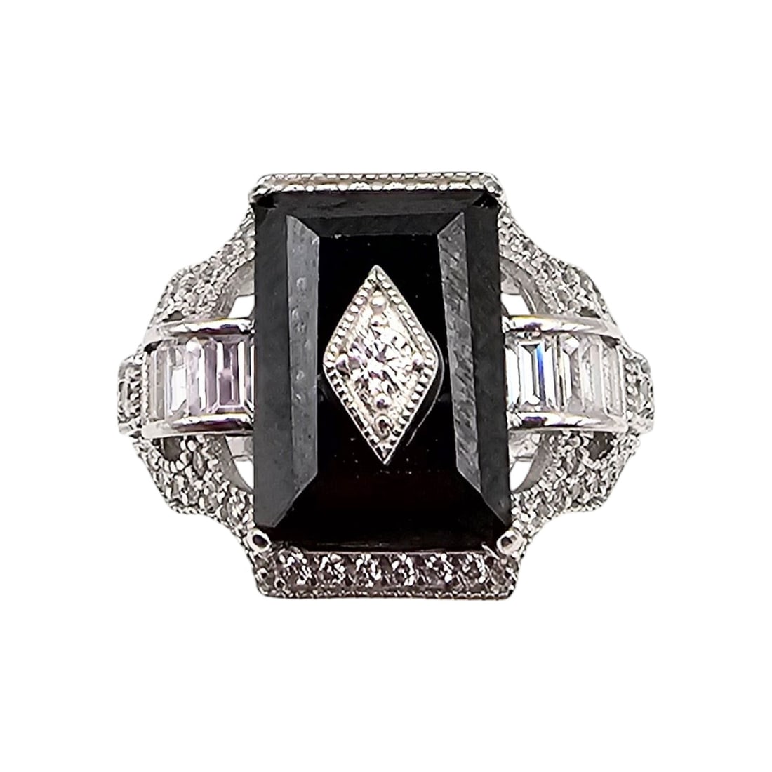X STS Onyx Rhinestone Sterling Silver Cocktail Ring Size 10 9.5 G (1 of 4)