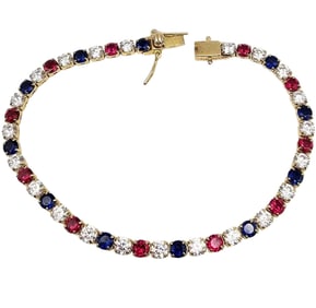 N Red White Blue Cubic Zirconia Gold Over Sterling Silver Tennis Bracelet 10.6 G