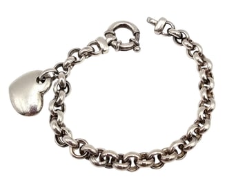 Milor Italy Sterling Silver Rolo Chain Heart Bracelet 26.2 G