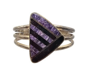 Signed WF Onyx Charoite Sterling Silver Inlay Cuff Bracelet 44.5 G